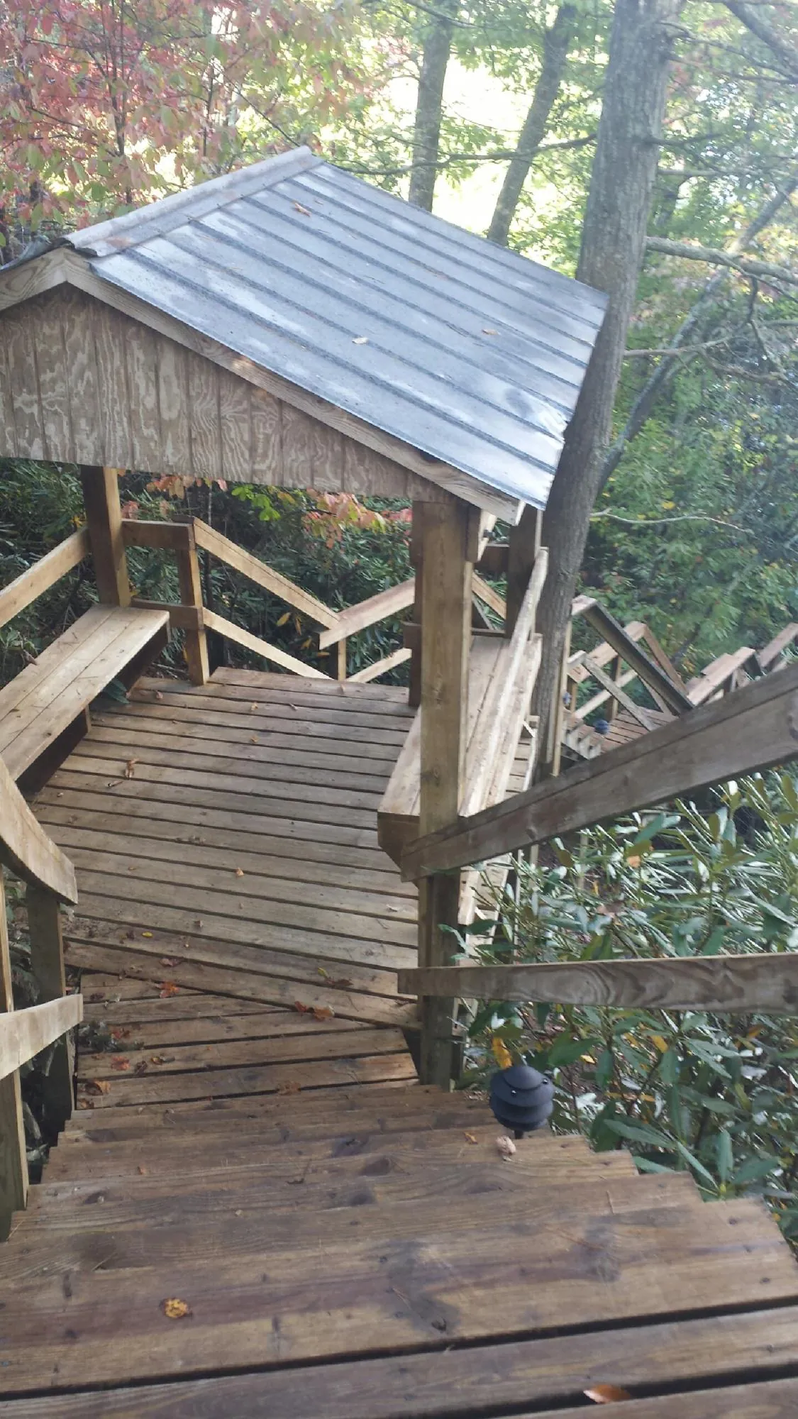 Metal roofed shelter over wooden steps on a wooded walkway — Skylight Repair & Installation work by our crew in Pompeys Pillar